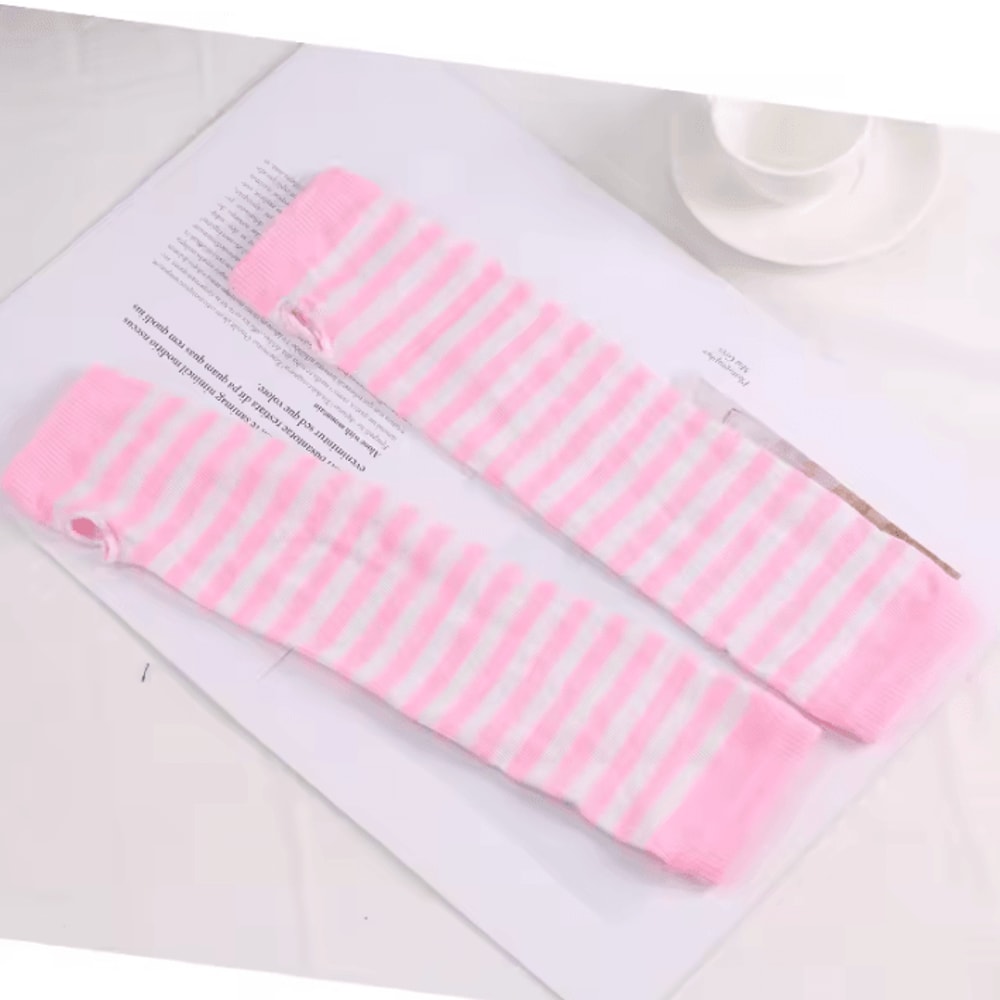 Punk Striped Fingerless Arm Warmers Long Knitted HipHop Style Elbow Gloves 5