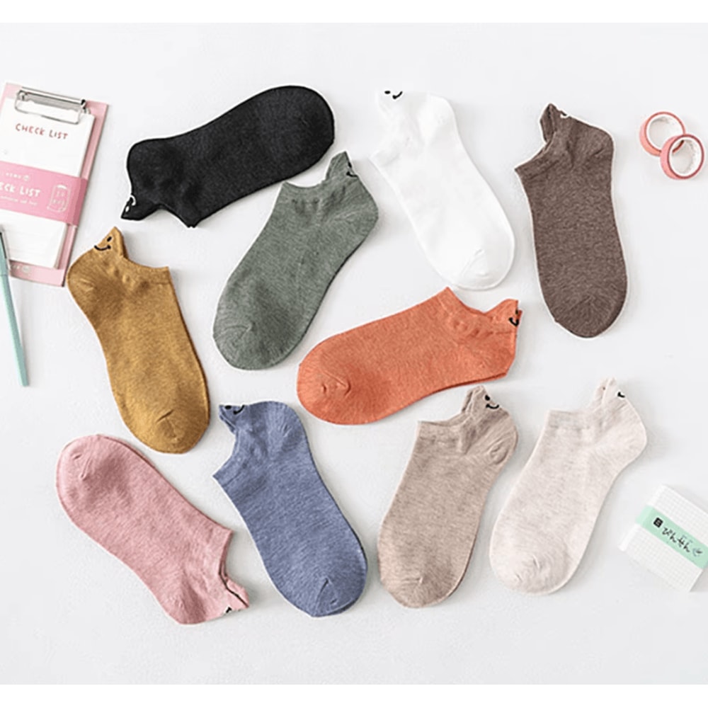 HappyStep Kawaii Ankle Socks Cute Smiley Embroidered Cotton Socks 10 Pairs Set 1