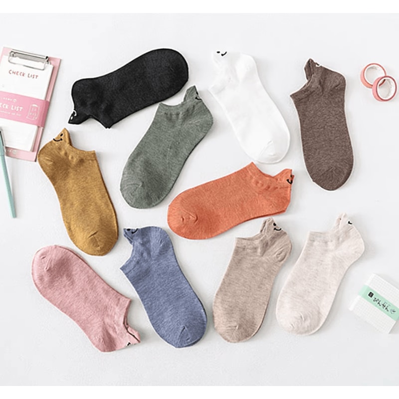 HappyStep Kawaii Ankle Socks Cute Smiley Embroidered Cotton Socks 10 Pairs Set 1