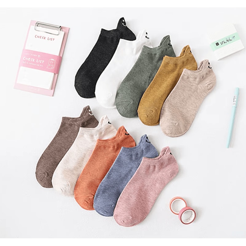 HappyStep Kawaii Ankle Socks Cute Smiley Embroidered Cotton Socks 10 Pairs Set 2