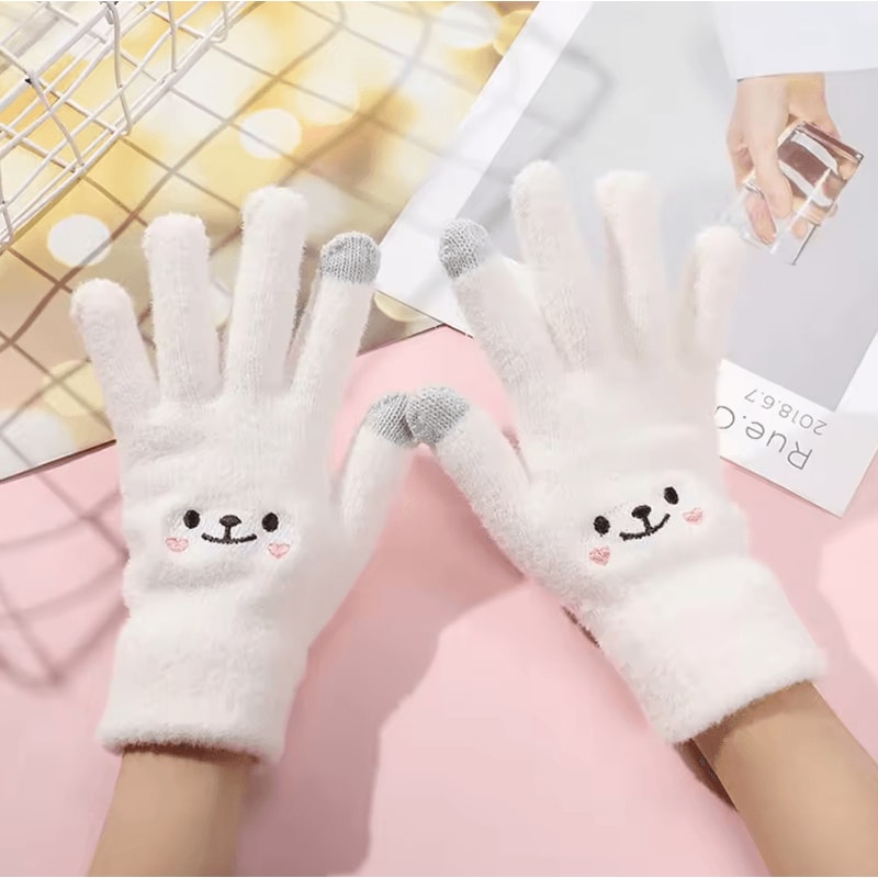 SnuggleBear Kawaii Touchscreen Gloves Cute Embroidered Knit Winter Gloves For Women 1
