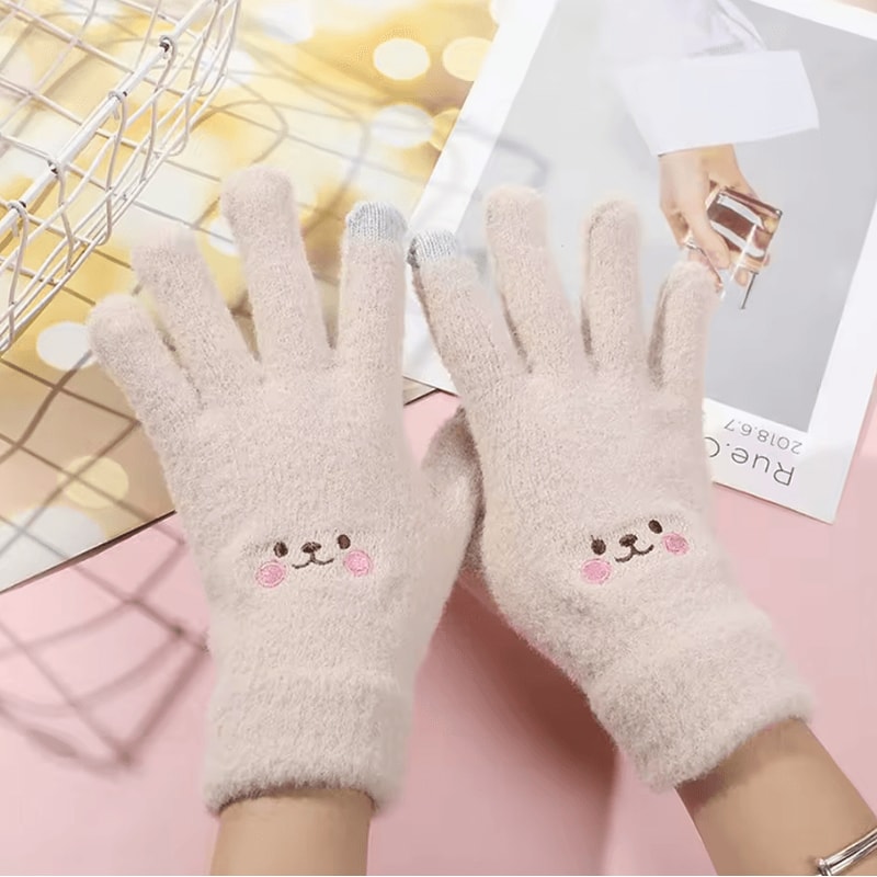 SnuggleBear Kawaii Touchscreen Gloves Cute Embroidered Knit Winter Gloves For Women 3
