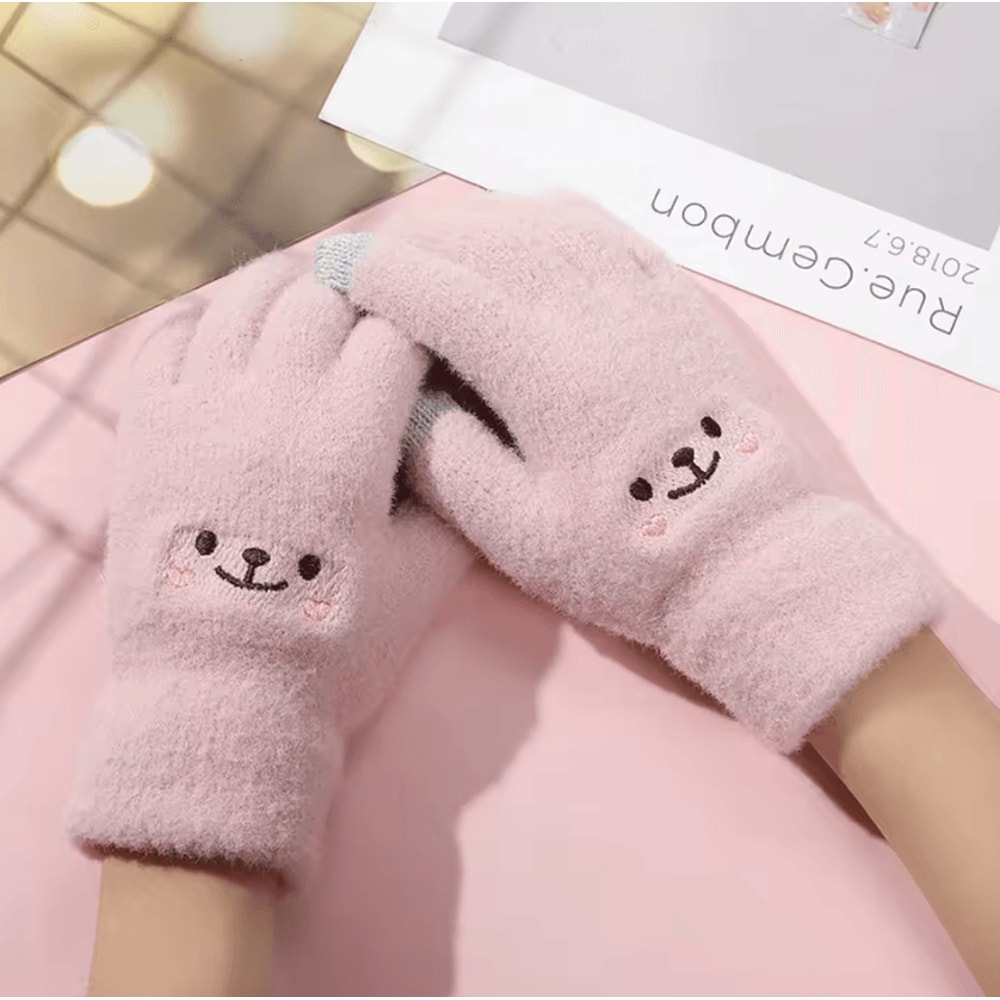 SnuggleBear Kawaii Touchscreen Gloves Cute Embroidered Knit Winter Gloves For Women 4
