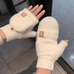 womens fuzzy flip-top gloves – warm plush touchscreen fingerless mittens with cute design