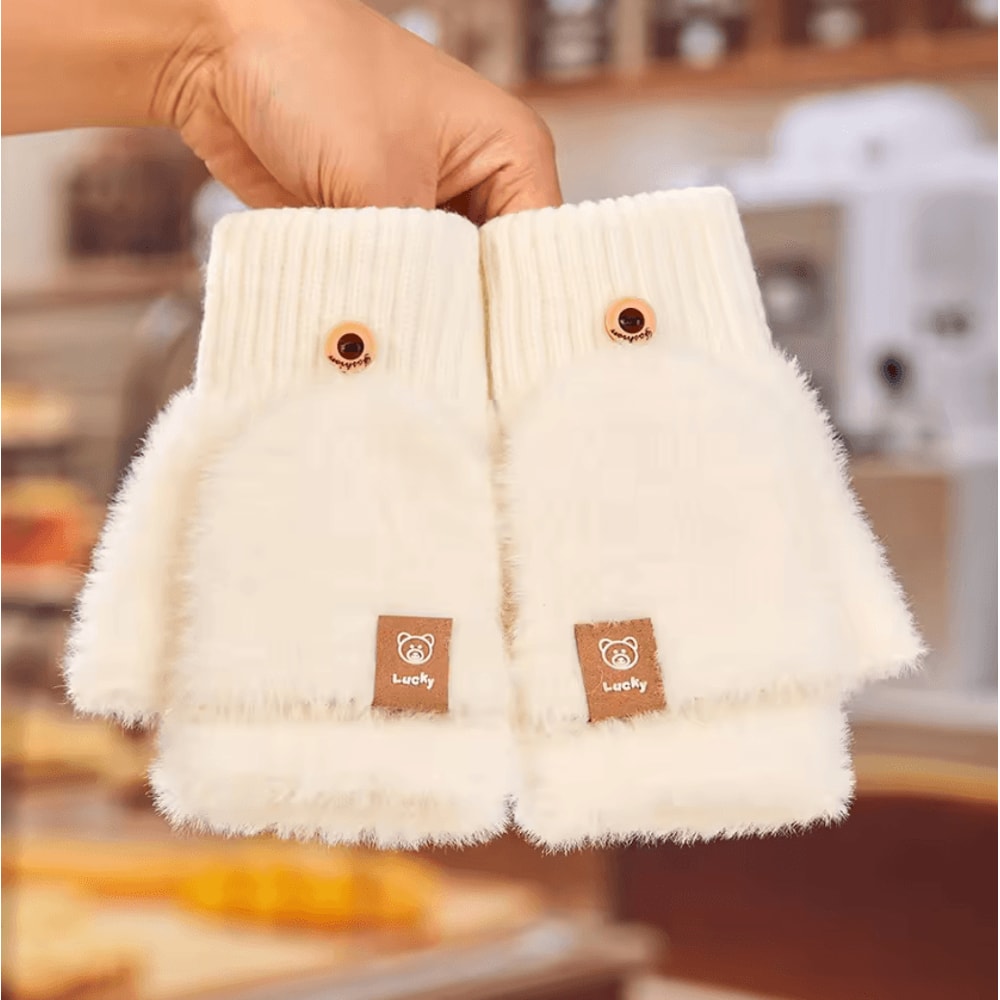 Womens Fuzzy FlipTop Gloves Warm Plush Touchscreen Fingerless Mittens With Cute Design 2