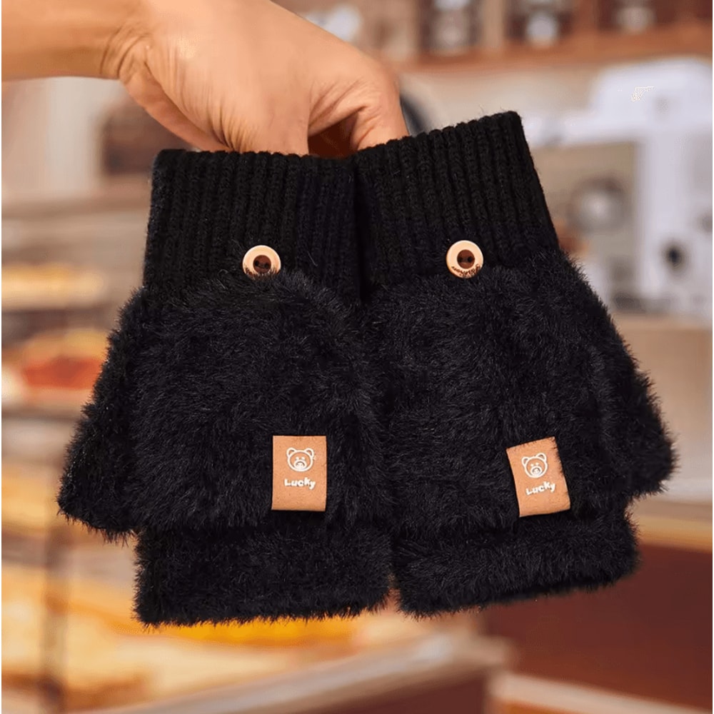 Womens Fuzzy FlipTop Gloves Warm Plush Touchscreen Fingerless Mittens With Cute Design 3