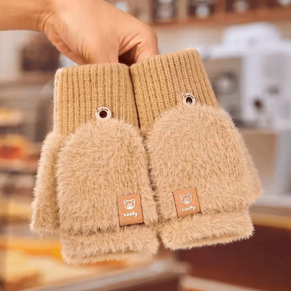 Womens Fuzzy FlipTop Gloves Warm Plush Touchscreen Fingerless Mittens With Cute Design 4