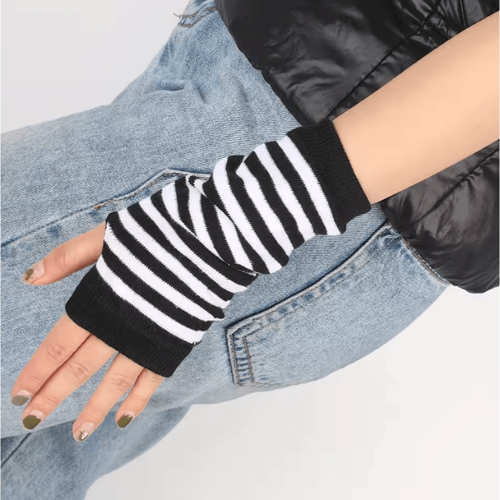 Striped Knit Arm Warmers Fingerless Cosplay Punk Gloves For Women Kids 0