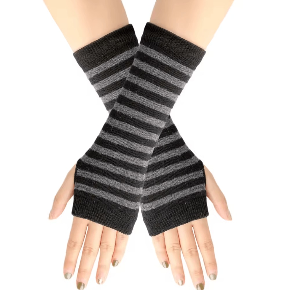 Striped Knit Arm Warmers Fingerless Cosplay Punk Gloves For Women Kids 1