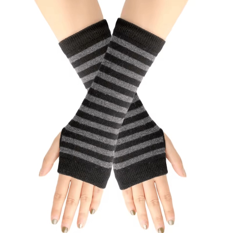 Striped Knit Arm Warmers Fingerless Cosplay Punk Gloves For Women Kids 1