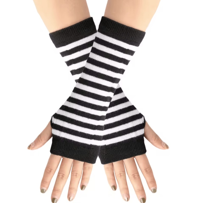 Striped Knit Arm Warmers Fingerless Cosplay Punk Gloves For Women Kids 2