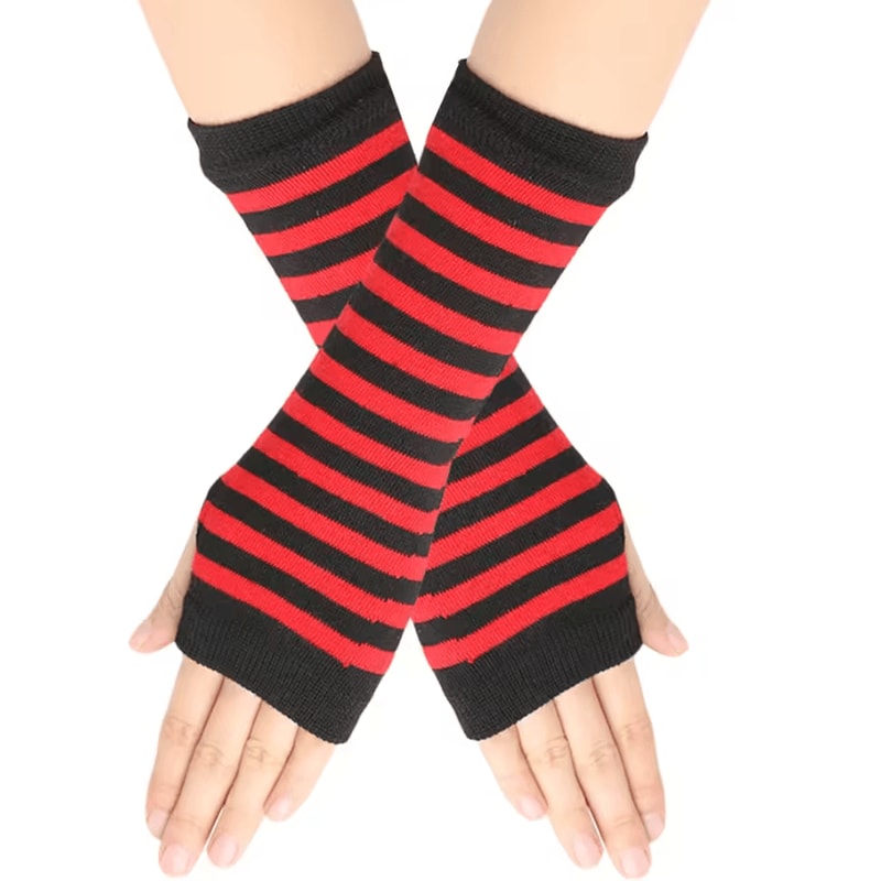 Striped Knit Arm Warmers Fingerless Cosplay Punk Gloves For Women Kids 5