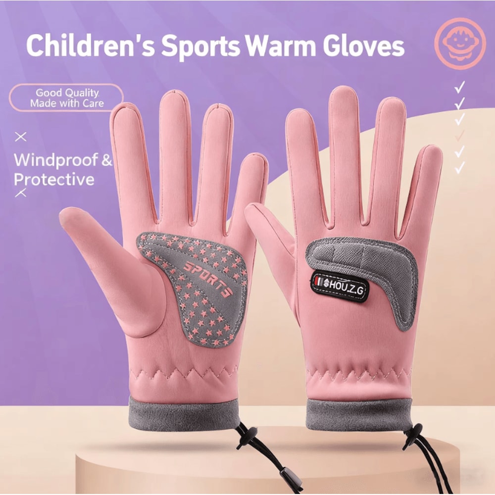 Kids Winter Drawstring Gloves Warm AntiSlip Outdoor Cycling Play Gloves For Boys Girls 0