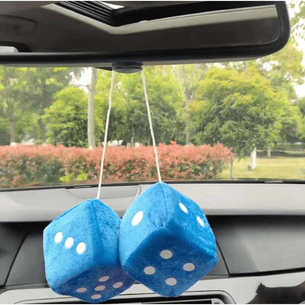 Retro Plush Fuzzy Dice Rearview Mirror Hanging Set 1