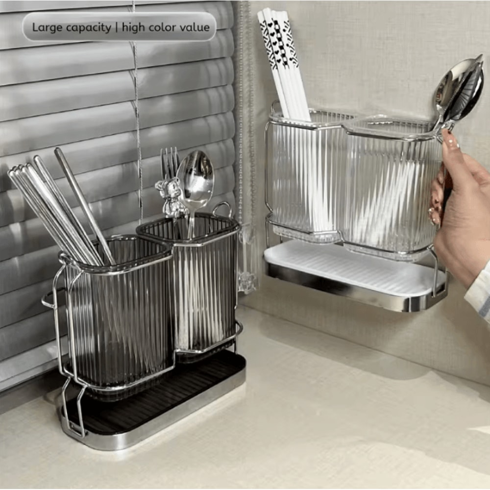 LuxeDrain WallMounted Cutlery Organizer Stainless Steel Utensil Drying Rack 0