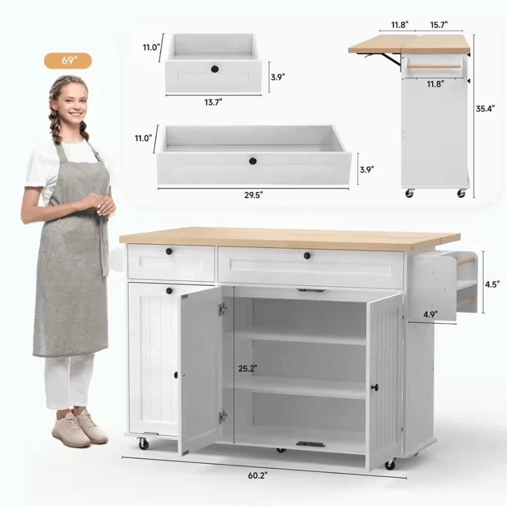 60Inch Rolling Kitchen Island Cart With Power Outlet Drop Leaf 1