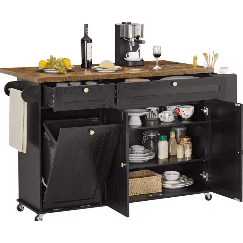 60Inch Rolling Kitchen Island Cart With Power Outlet Drop Leaf 4