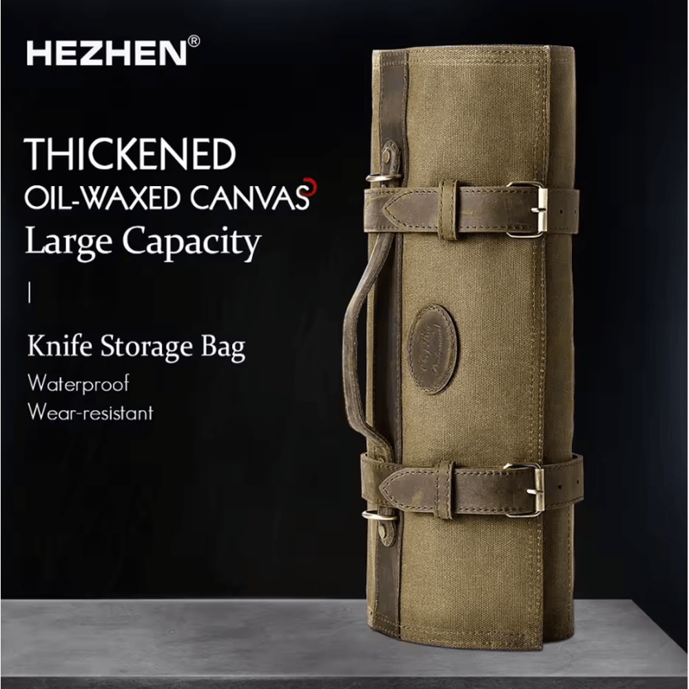 HEZHEN Waxed Canvas Chef Knife Roll Bag With Leather Straps 0
