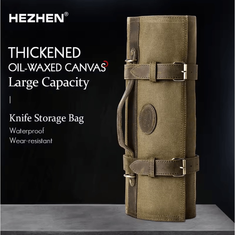 HEZHEN Waxed Canvas Chef Knife Roll Bag With Leather Straps 0
