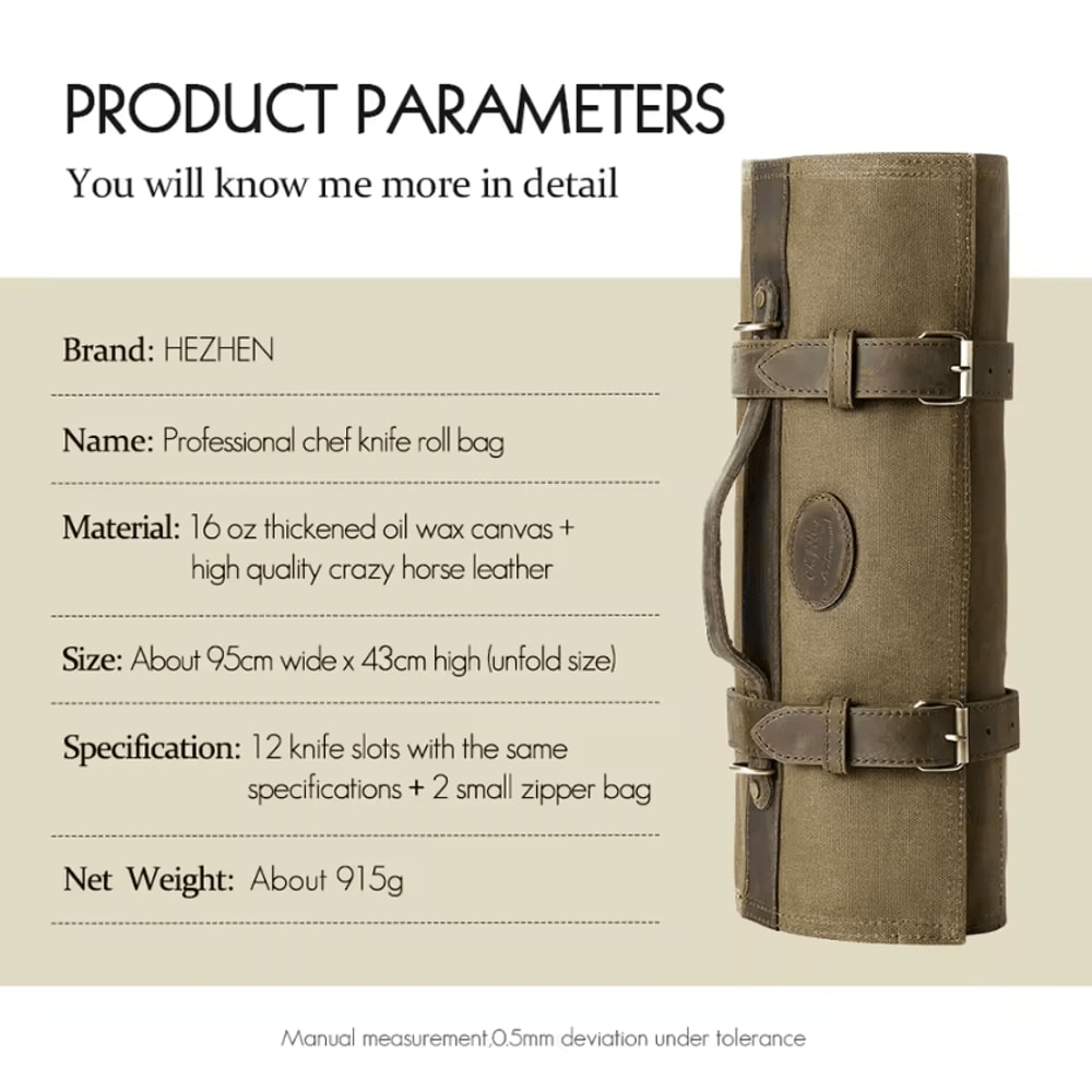 HEZHEN Waxed Canvas Chef Knife Roll Bag With Leather Straps 1