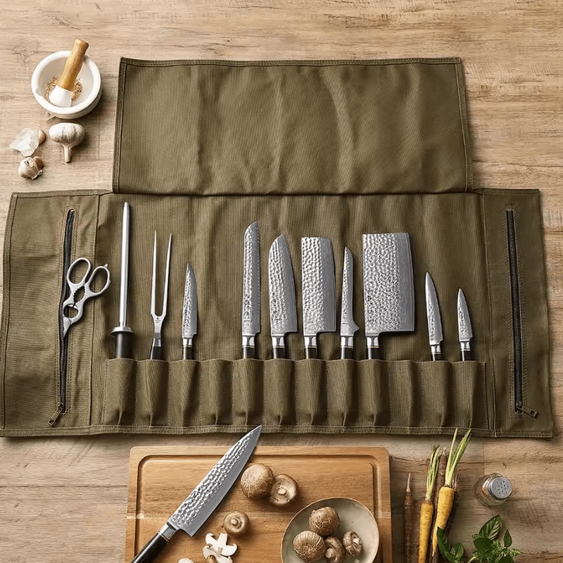HEZHEN Waxed Canvas Chef Knife Roll Bag With Leather Straps 2