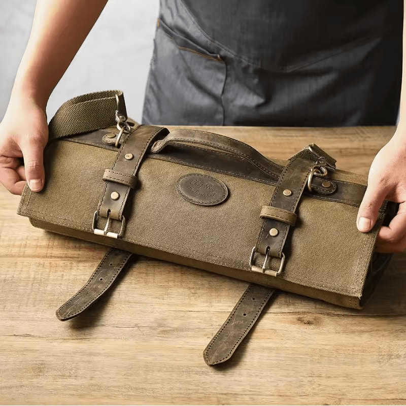HEZHEN Waxed Canvas Chef Knife Roll Bag With Leather Straps 3