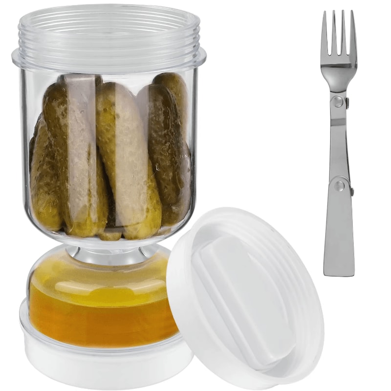 PickleFlow Hourglass Pickle Jar With Fork Dry Wet Food Separator Container 0