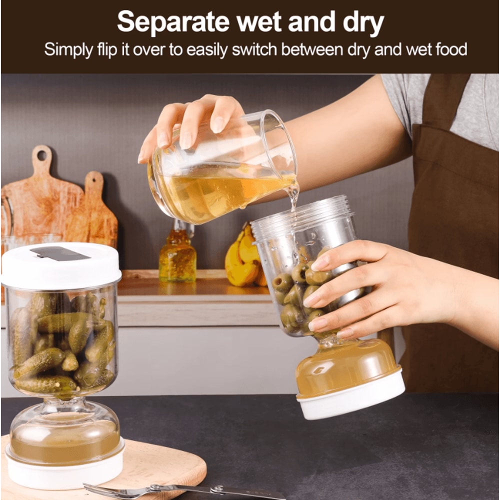 PickleFlow Hourglass Pickle Jar With Fork Dry Wet Food Separator Container 2