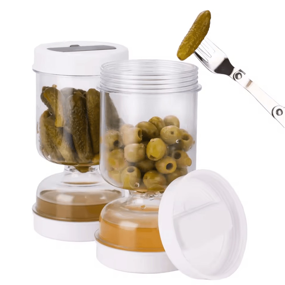 PickleFlow Hourglass Pickle Jar With Fork Dry Wet Food Separator Container 4