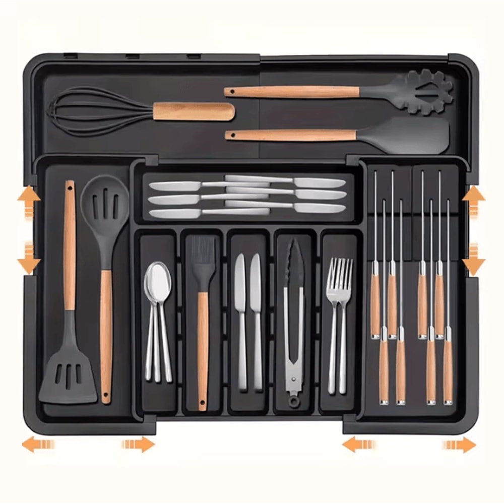 BPAFree Expandable Bamboo Cutlery Tray Organizer For Kitchen Drawers 0