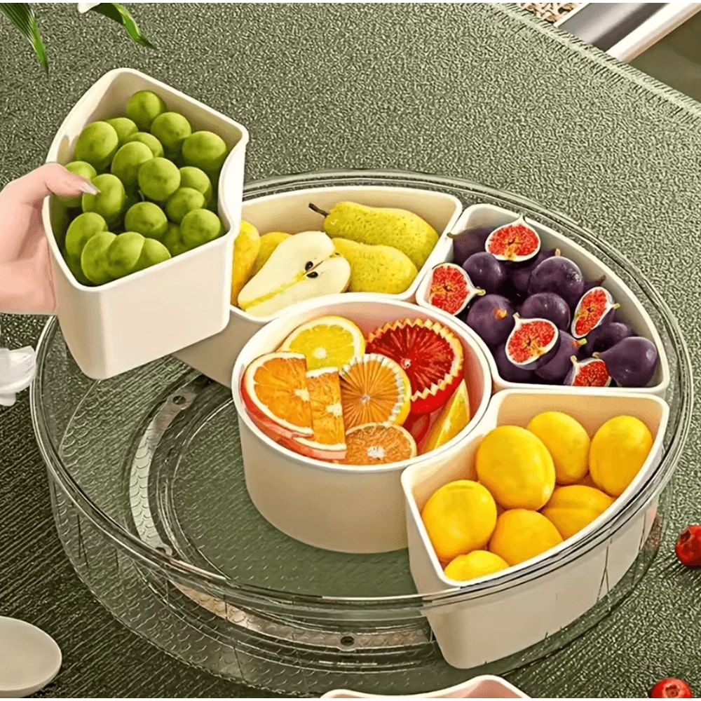 Rotating 5Compartment Snack Serving Tray With Lid Handle 1
