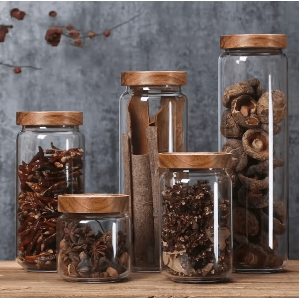 Airtight Glass Food Storage Jar Set With Wooden Lid For Kitchen Organization 0