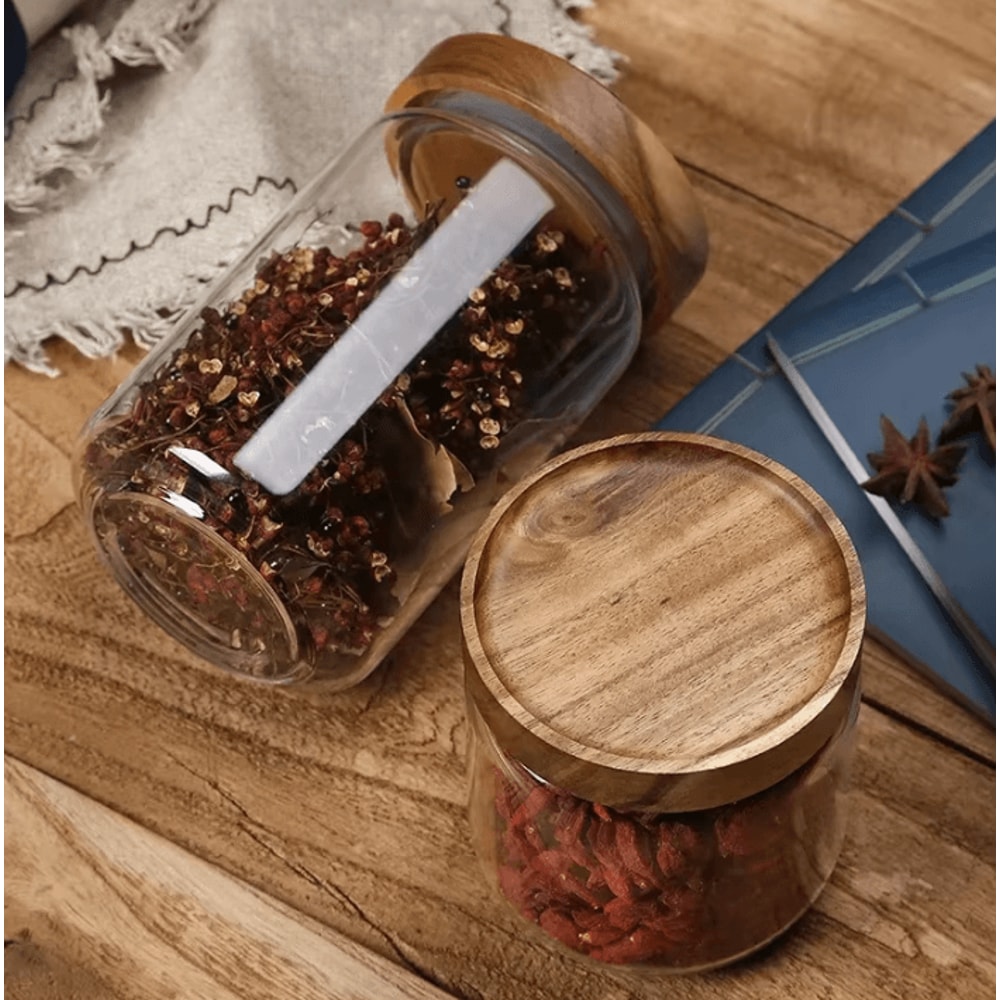 Airtight Glass Food Storage Jar Set With Wooden Lid For Kitchen Organization 1