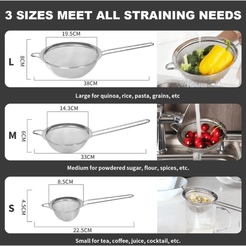 Stainless Steel Fine Mesh Flour Sifter Set With Handles For Baking Cooking 3