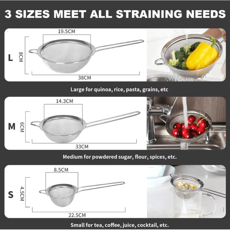 Stainless Steel Fine Mesh Flour Sifter Set With Handles For Baking Cooking 3