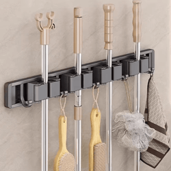 wall mounted mop & broom holder rack with 5 hooks