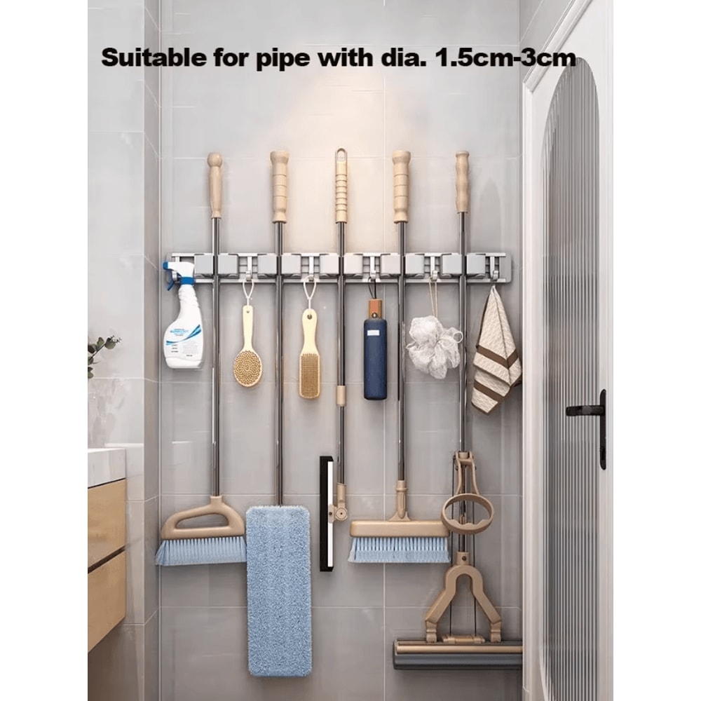 Wall Mounted Mop Broom Holder Rack With 5 Hooks 2