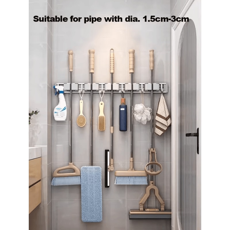 Wall Mounted Mop Broom Holder Rack With 5 Hooks 2
