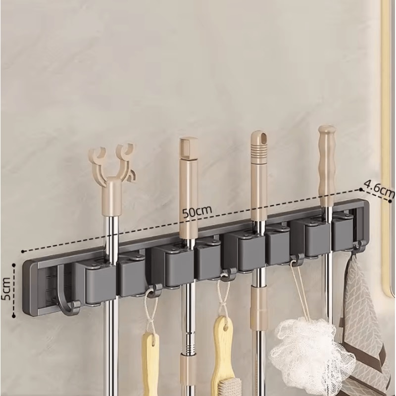 Wall Mounted Mop Broom Holder Rack With 5 Hooks 5