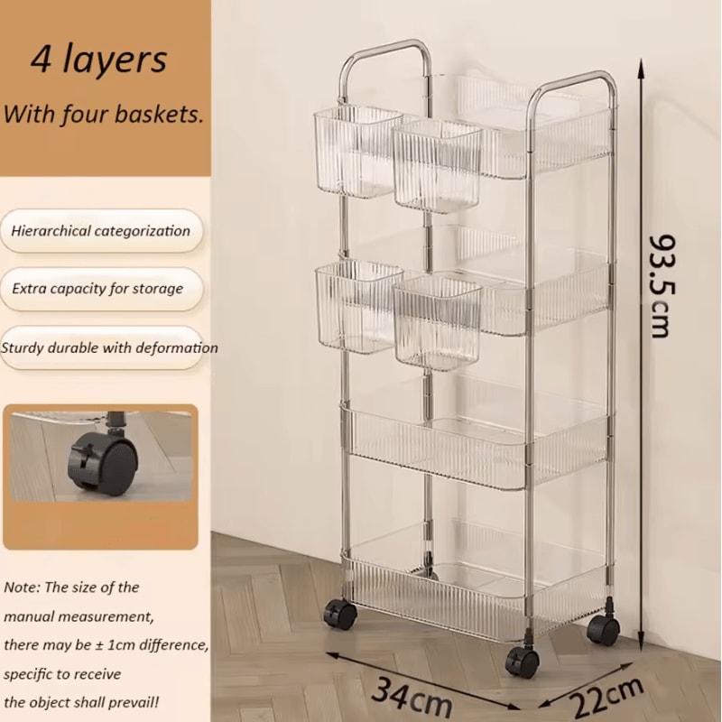 Light Luxury Transparent Acrylic Rolling Storage Cart With Hanging Baskets 5