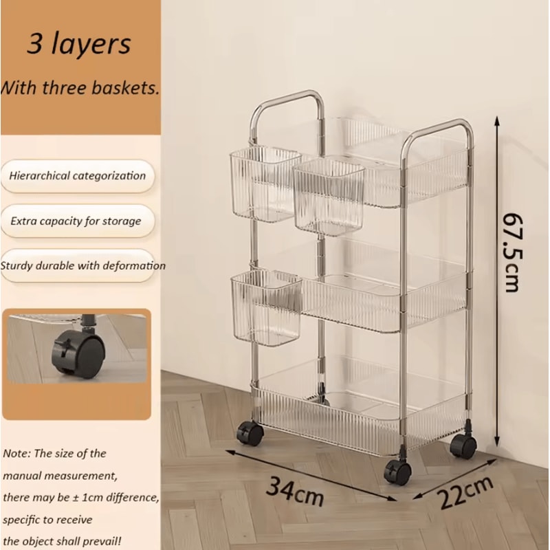 Light Luxury Transparent Acrylic Rolling Storage Cart With Hanging Baskets 6
