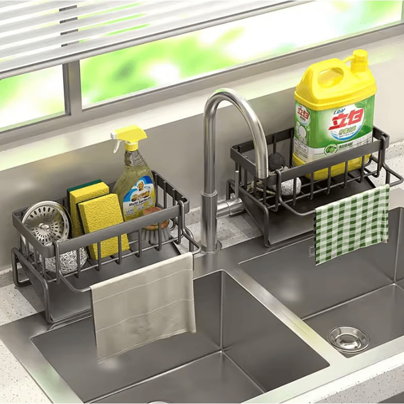 Stainless Steel Kitchen Sink Organizer Rack With Sponge Towel Holder 0