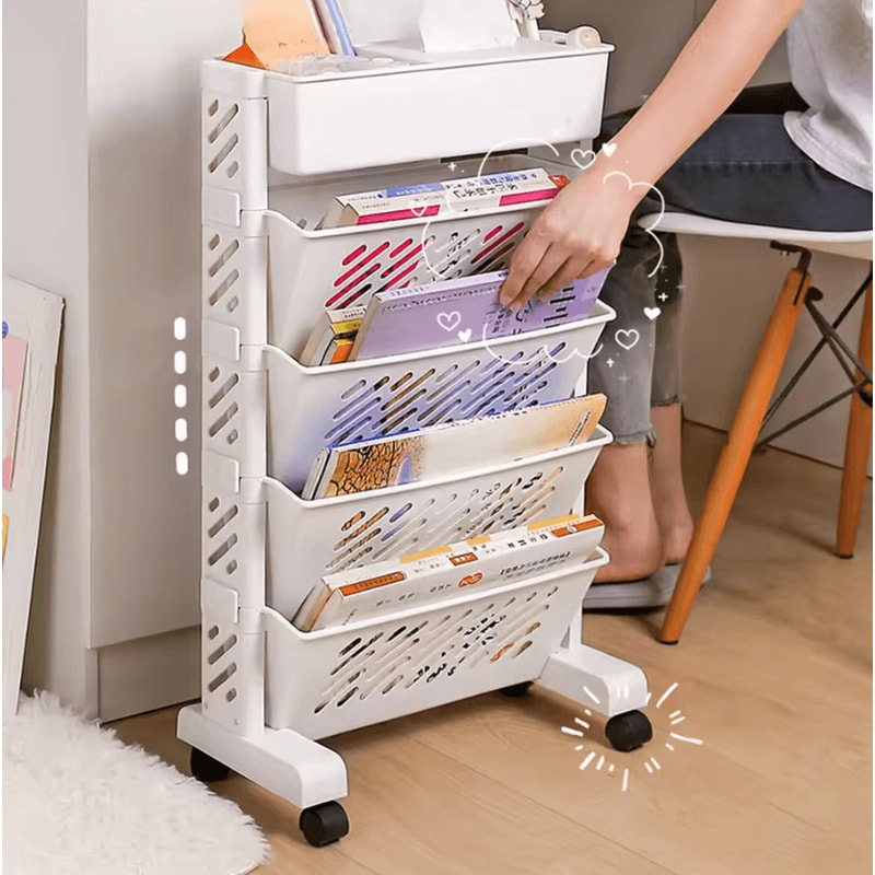 5Layer Rolling Bookshelf Organizer With Rotatable Storage Trolley 1