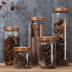 wood lid glass airtight storage jars for kitchen food organization