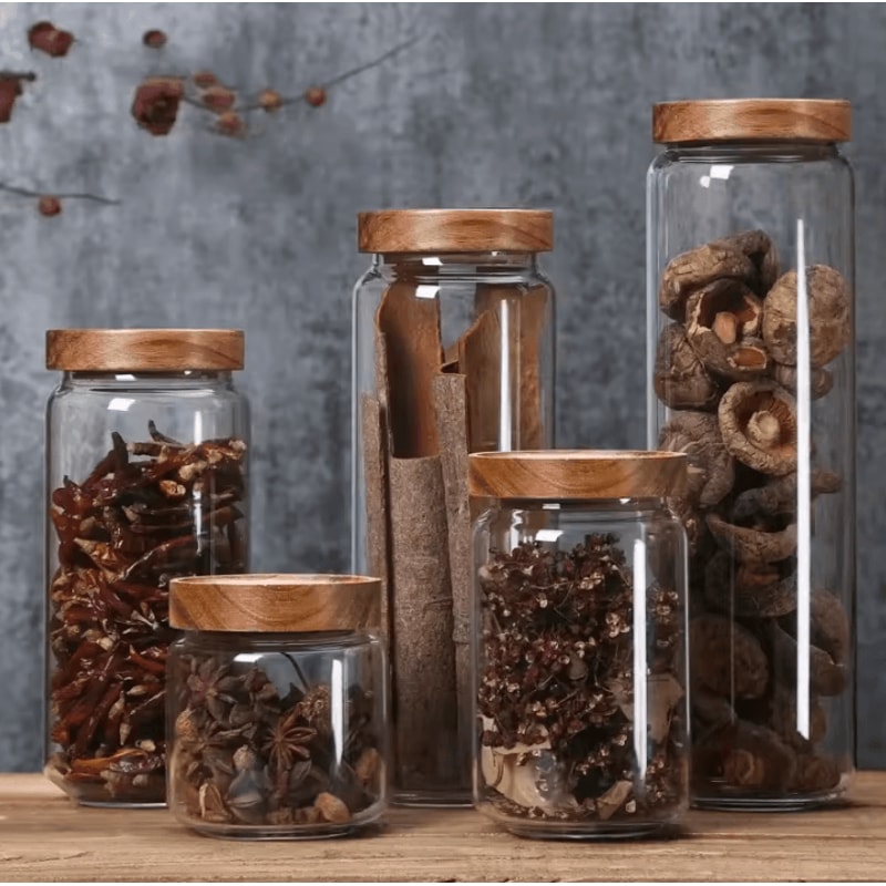 Wood Lid Glass Airtight Storage Jars For Kitchen Food Organization 0