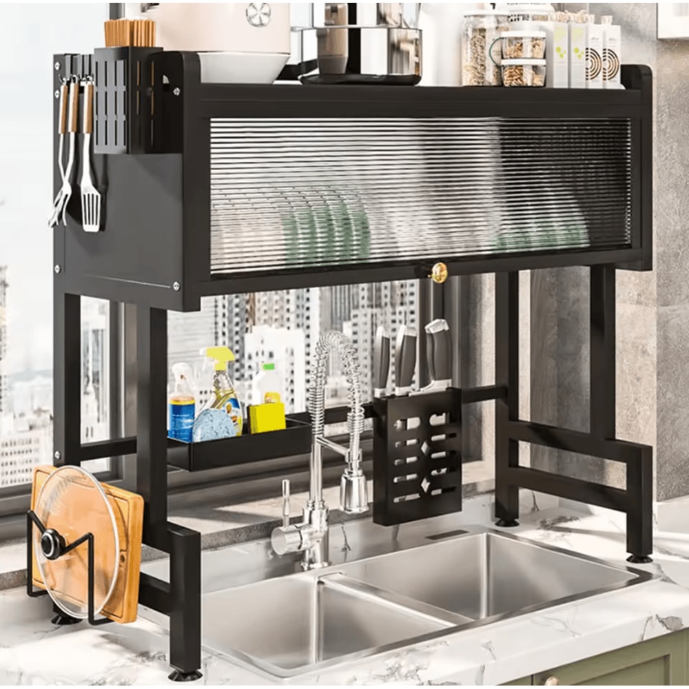 3Tier Over Sink Dish Drying Rack With Protective Cover 0