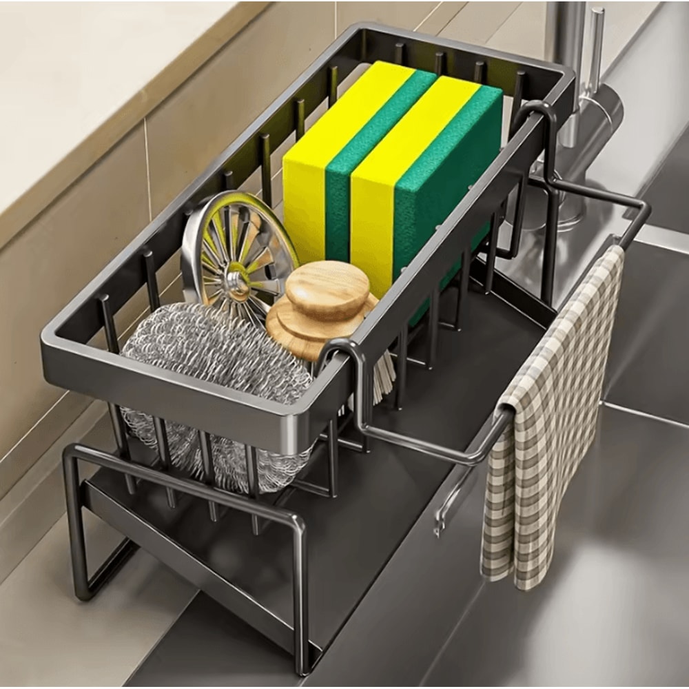 MultiFunction Sink Caddy Organizer With Drain Tray Brush Holder 0
