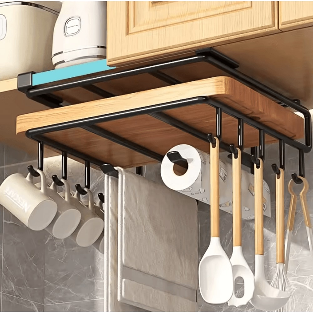 SpaceSaving Under Cabinet Kitchen Organizer Rack With Hooks 1