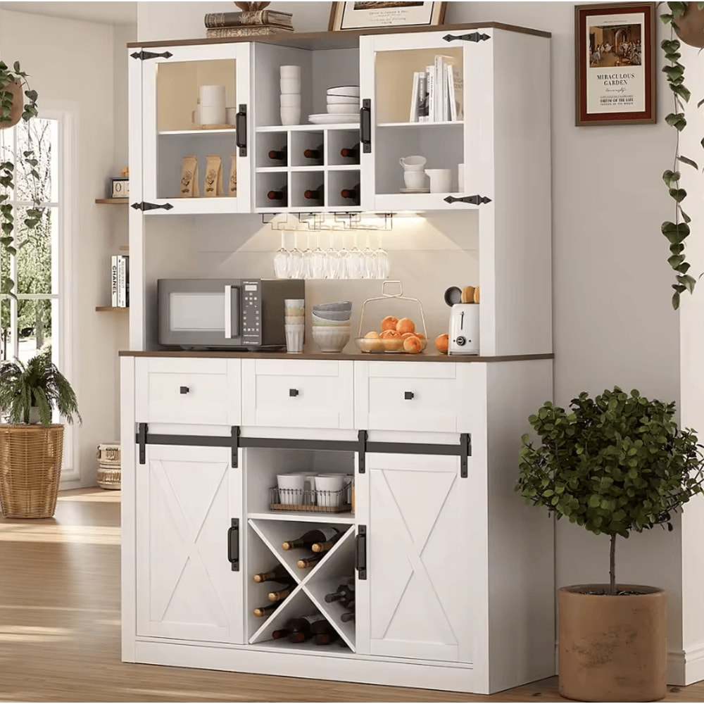 RusticHaven Farmhouse Bar Cabinet With Sliding Barn Doors Wine Storage 0