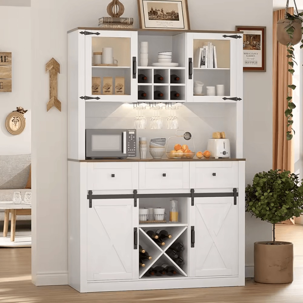 RusticHaven Farmhouse Bar Cabinet With Sliding Barn Doors Wine Storage 2